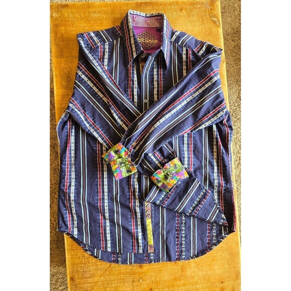 Robert Graham Navy Striped Fire Hydrant Flip Cuffs button down shirt men's XL - Picture 9 of 12